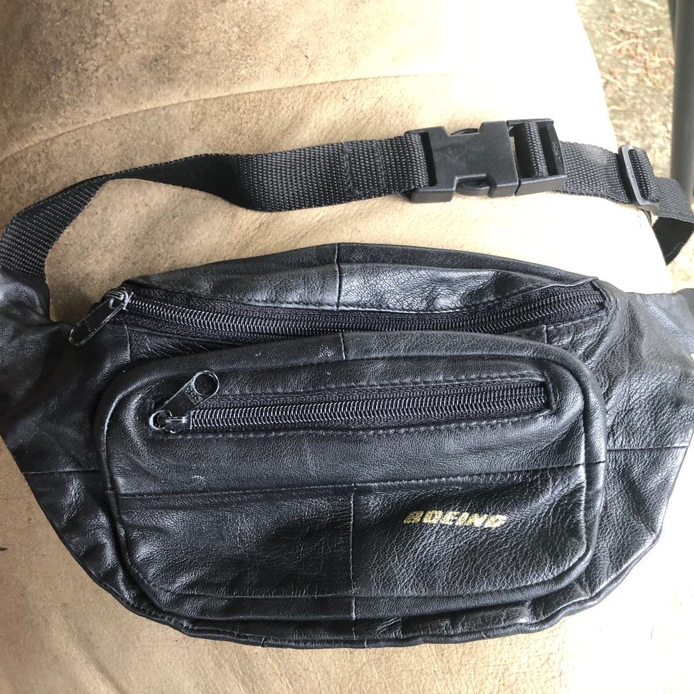 Boeing Black Leather Travel Gear Waist Belt Bag